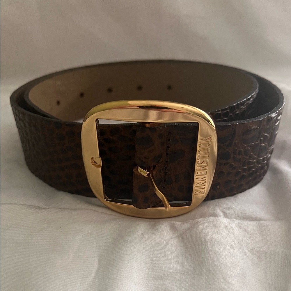 Birkenstock Dark Brown Textured Belt with Gold Buckle